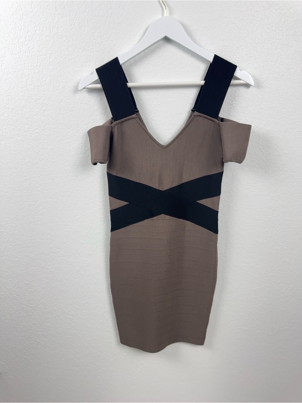 Y2K Marciano Taupe Bodycon Sheath Off Shoulder Mini Dress Black Band Accents